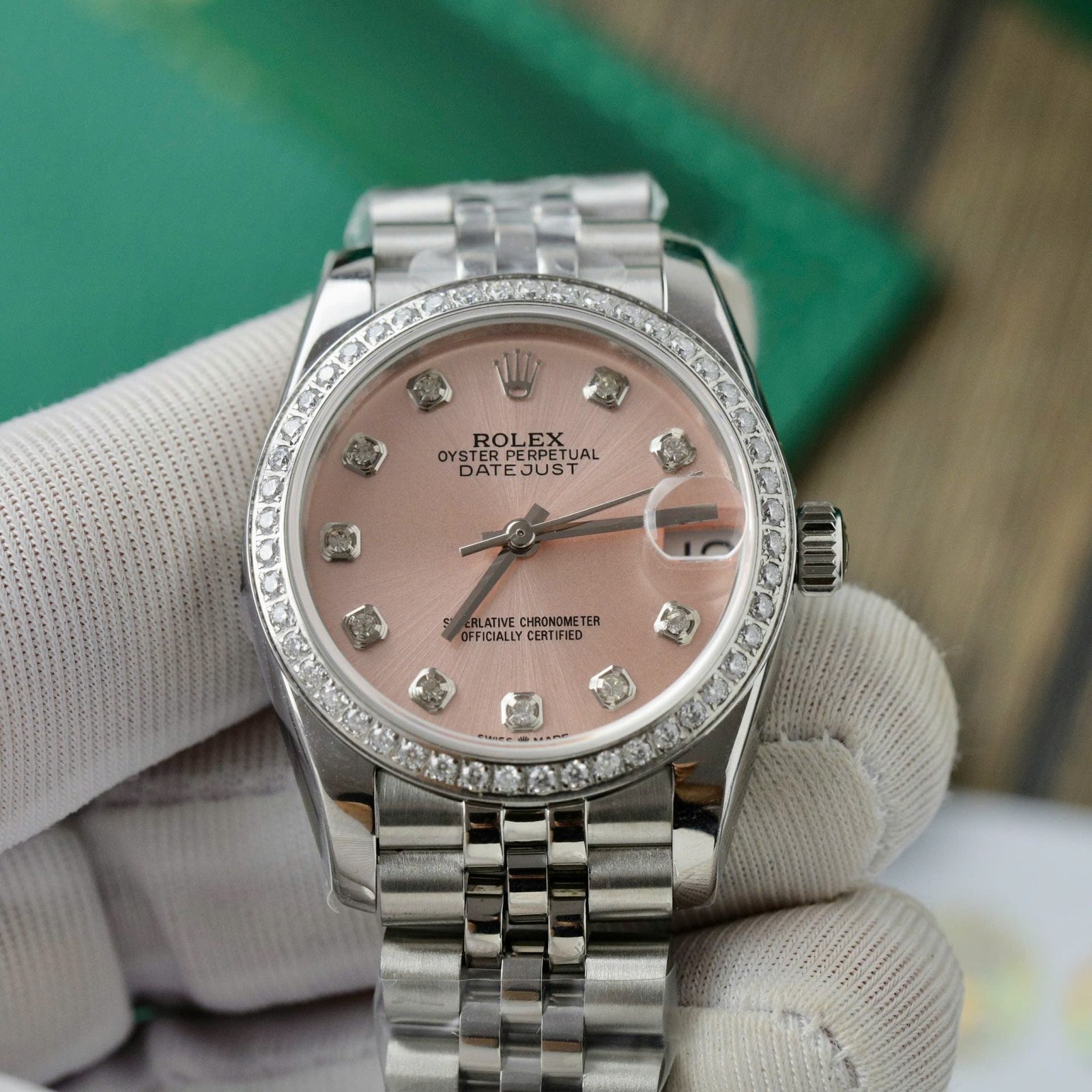 Rolex Date Just Watch Womens Pink Dial Moissanite Diamonds 31mm - Image 4