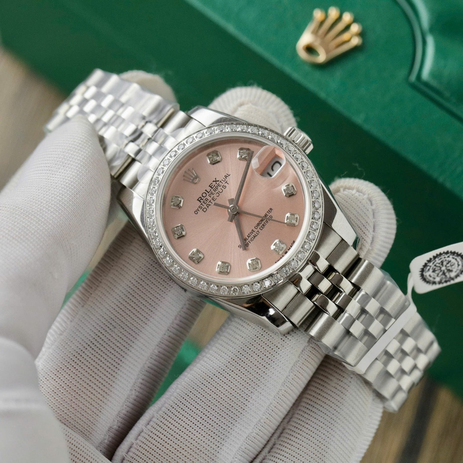 Rolex Date Just Watch Womens Pink Dial Moissanite Diamonds 31mm - Image 2