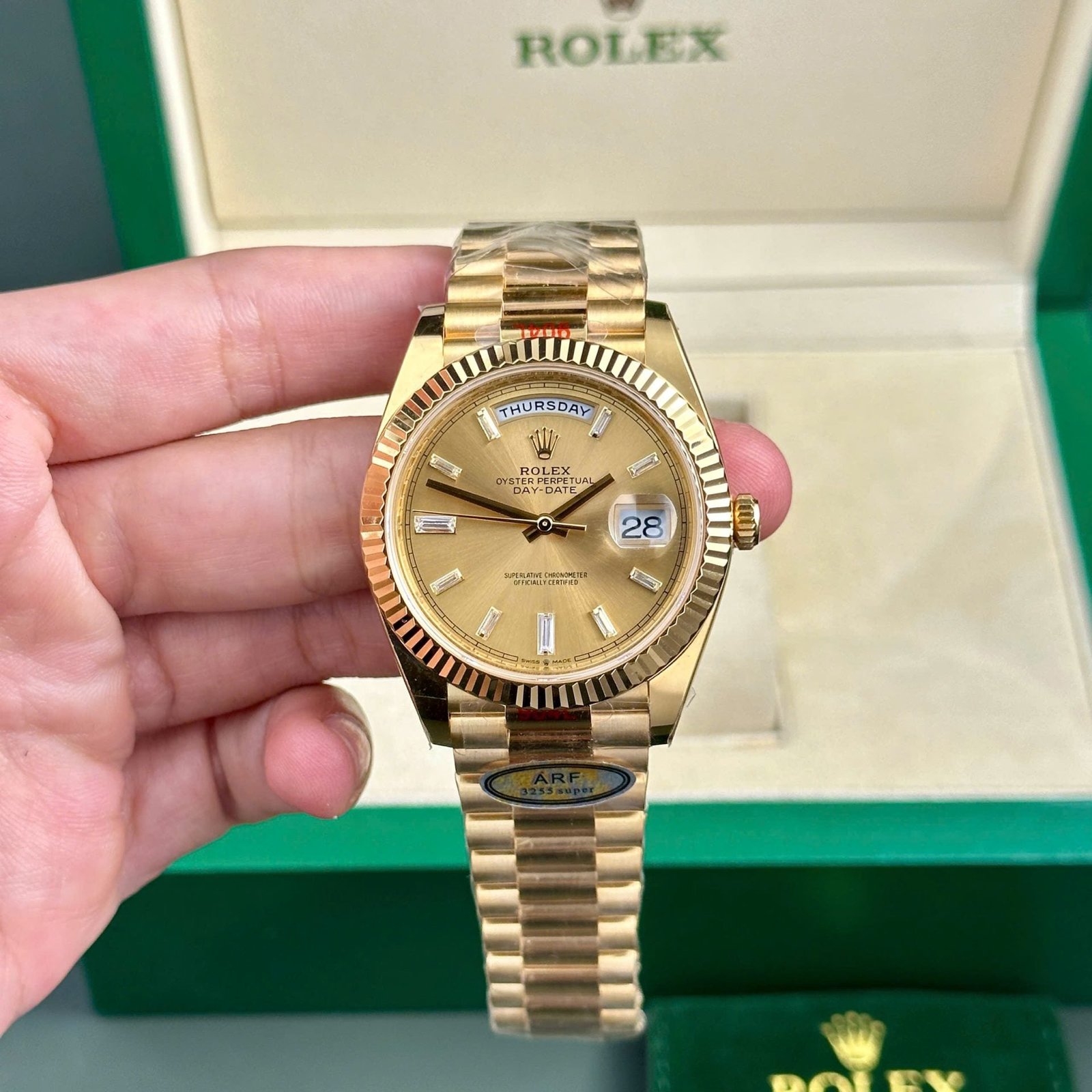 Rolex Day-Date 228238 Watch Yellow Dial President Strap 40mm