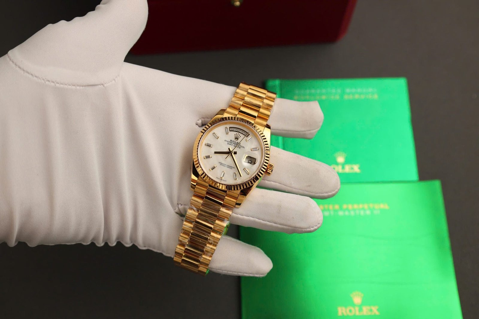 Rolex Day-Date Watch Dial Mother Of Pearl Gold Wrapped 36mm - Image 2