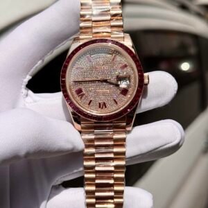 Rolex Watch Day-Date Ruby Red & Baguette Moissanite Diamonds 40mm