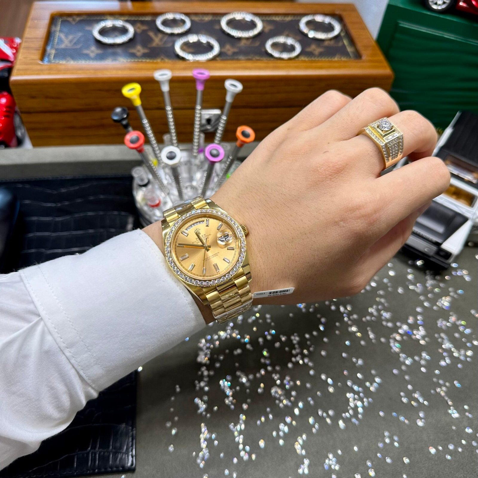 Rolex Day-Date Watch Yellow Dial Moissanite Diamonds 40mm - Image 4