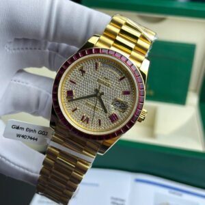 Rolex Day-Date Watch Ruby Red + Moissanite Diamonds Gold Wrapped 40mm