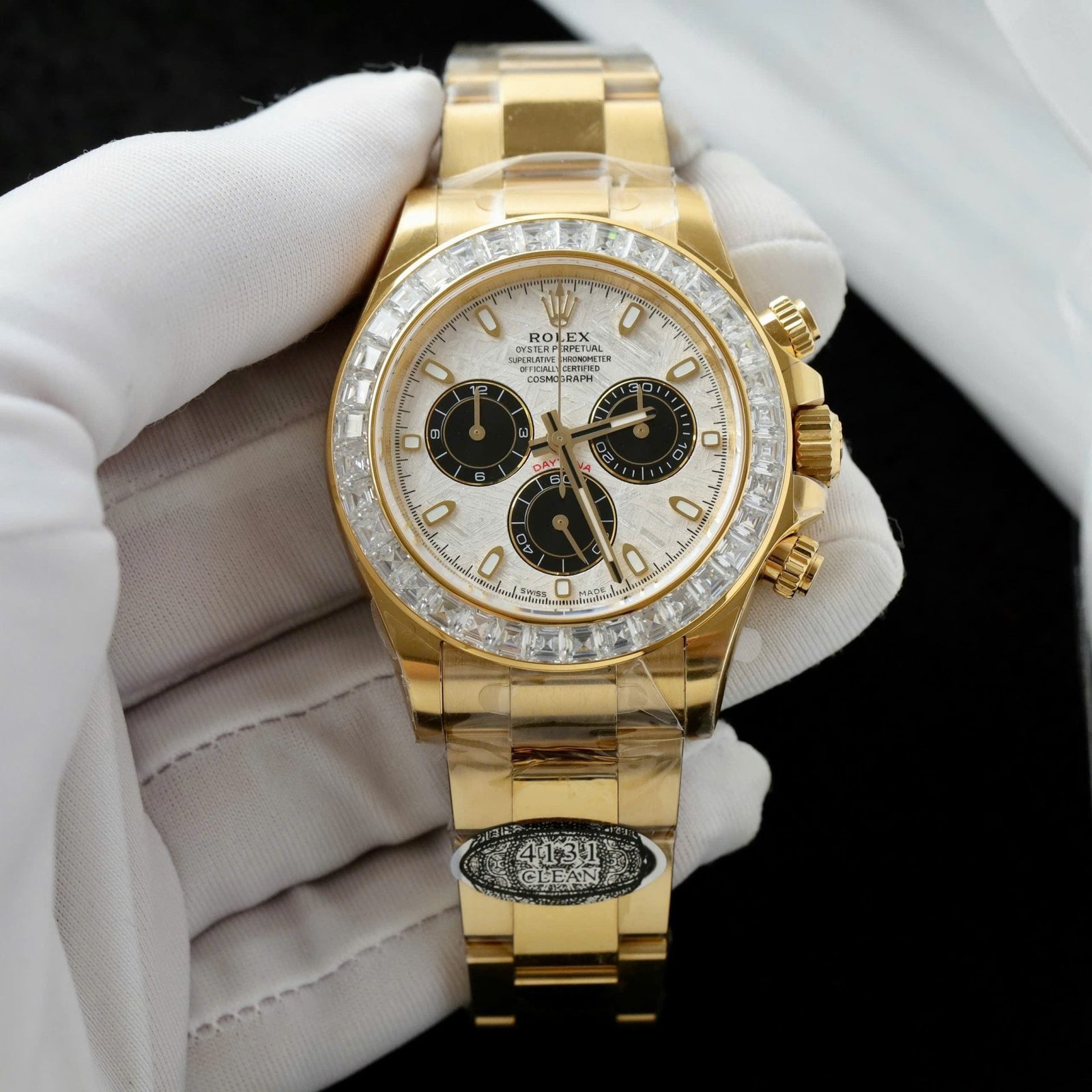 Rolex Daytona Meteorite Dial Watch Gold Wrapped + Moisanite Baguette 40mm