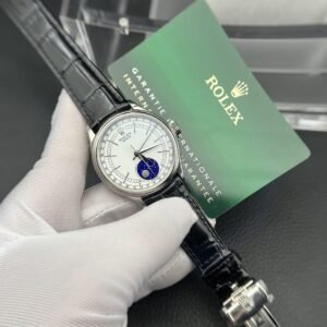 Rolex Moonphase 50535 Watch Black Leather Strap 39mm