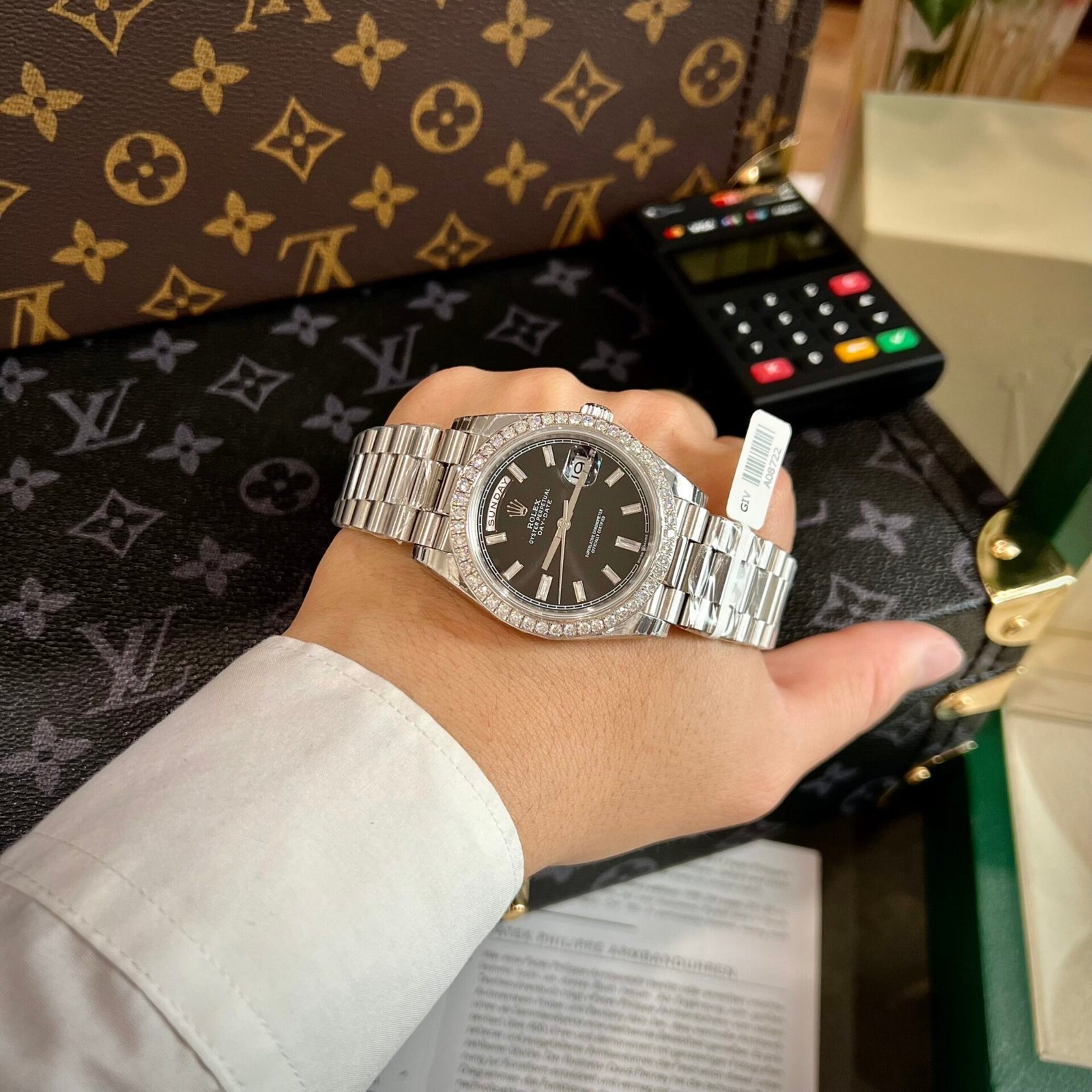 Rolex Day-Date Watch Black Dial Moissanite Diamonds 40mm - Image 6