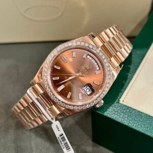 Rolex Watch Day-Date Dial Chocolate Moissanite Diamonds 40mm