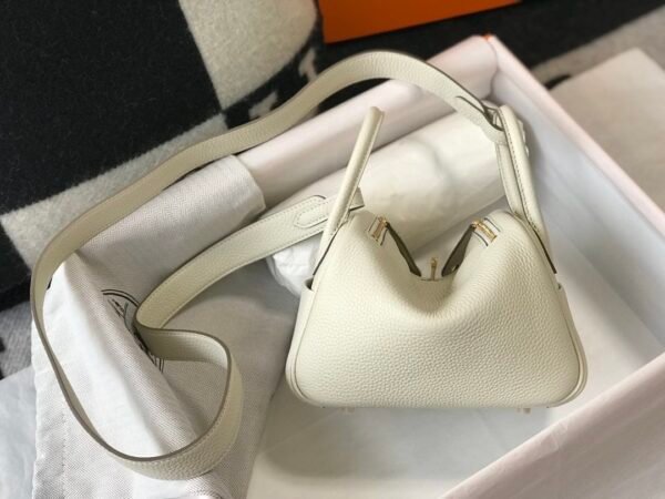 Hermes Lindy Mini White Togo Bag With Gold Hardware For Women, Women’s Handbags, Shoulder And Crossbody Bags 7.5in/19cm - Image 5