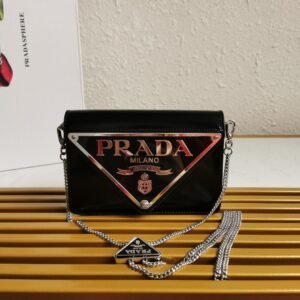 Prada Brushed Shoulder Bag Black For Women, Women's Bags 6.7in/17cm