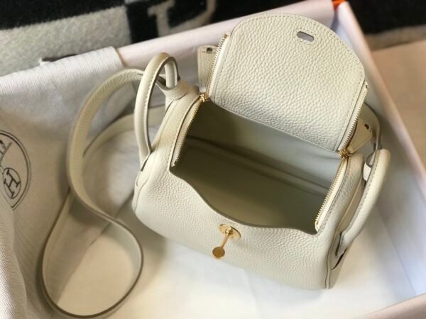 Hermes Lindy Mini White Togo Bag With Gold Hardware For Women, Women’s Handbags, Shoulder And Crossbody Bags 7.5in/19cm - Image 3