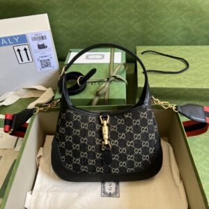 Gucci Jackie 1961 Small Shoulder Bag Black And Ivory GG Denim Jacquard For Women 11in/28cm