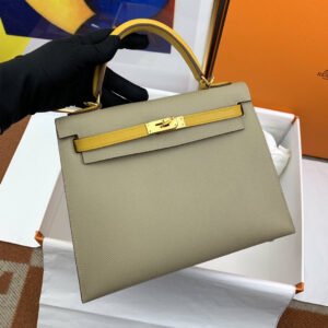 Hermes Kelly 25 Sellier Epsom Greige/Yellow Bag For Women, Women’s Handbags, Shoulder Bags 10in/25cm