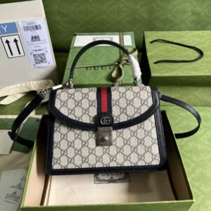 Gucci Ophidia Small Top Handle Bag Beige And Blue GG Supreme Canvas For Women 10in/25cm
