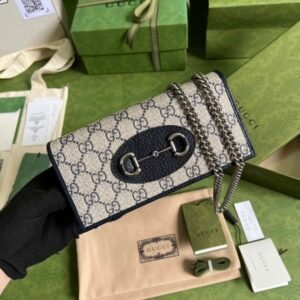 Gucci Horsebit 1955 Wallet With Chain Beige And Blue For Women 7.5in/19cm