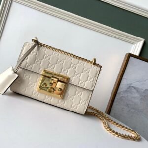 Gucci GG Embossed Padlock Shoulder Bag White Milky For Women 8in/20cm