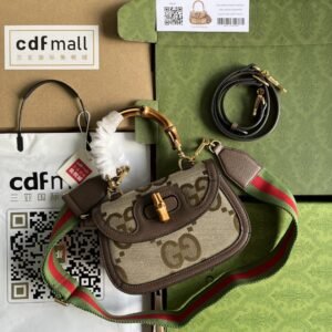 Gucci Bamboo 1947 Jumbo GG Small Top Handle Bag Camel And Ebony Jumbo GG Canvas Brown For Women 8.3in/21cm